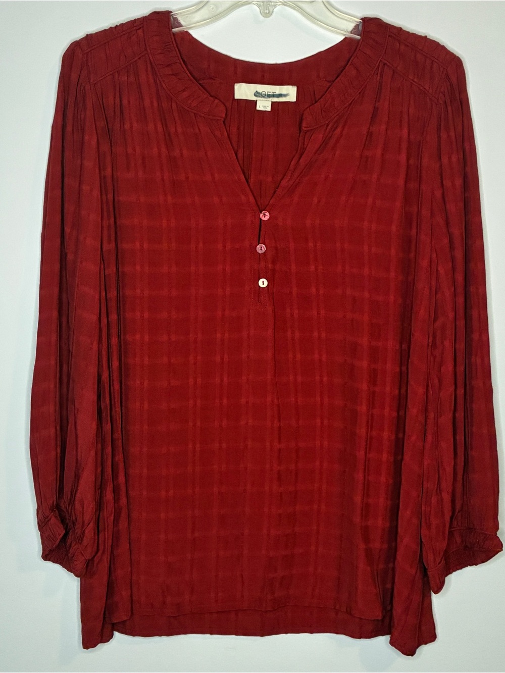 LOFT Viscose Dark Reddish Maroon Long Sleeve with Shirring Details